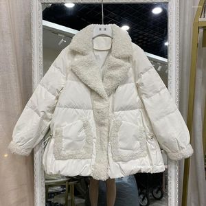 Trenchs de femmes manteaux de laine véritable 2023 manteau d'hiver femmes 90% veste en duvet de canard blanc solide fourrure de laple et couture de cheveux d'agneau vêtements d'extérieur