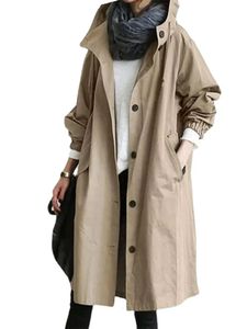 Womens Trench Coats S5XL Size Chic Women Coat with Cap Button Casual Long Outerwear Loose Overcoat Autumn Winter Fashion 230928
