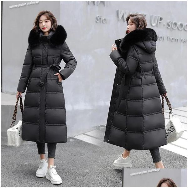 Mulheres Trench Coats Mulheres Inverno Com Capuz Gola De Pele Falso Grande Bolso X-Long Cinto Casaco Mães Puffer Jaqueta De Algodão Acolchoado Parkas Drop Del Otlvh