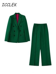 Costume pantalon femme vert Blazer pantalon costumes automne tenues formelles bureau dame pantalons ensembles Double boutonnage solide 240202