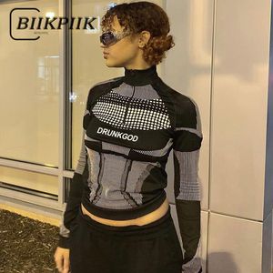 TShirt Femme BIIKPIIK Lettre Zipper Moto Biker Style Crop Top Rayé Dot Patchwork T-shirts Manches Longues Col Montant Streetwear Mode Tee 230327