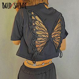 T-shirt femme Bold Shade Y2K Indie Esthétique Goblincore T-shirts Manches courtes Unicolore Papillon Évider Crop Tops Style Grunge Femmes Top 230518