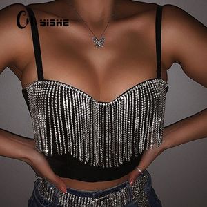 Camiseta para mujer CNYISHE Moda Sexy Clubwear Diamond Borla Crop Tops Camisetas sin mangas Slim Lady Bralette Strap Flaco Mujer Tee 230327