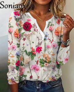 Camiseta de mujer elegante con estampado de plantas de manga larga de primavera y verano, camisetas básicas versátiles informales para uso diario, camisetas con cuello de pico para mujer 230605