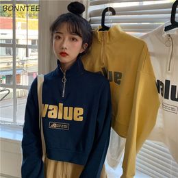 Womens TShirt Hoodie Wanita Berdiri Ritsleting Huruf Dicetak Dipotong Kaus Streetwear Gaya Korea AKTIF Musim Gugur Gadis Muda Kasual Baru Seharihari 230328