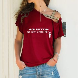 Camiseta para mujer Houston Tenemos un problema Imprimir Mujeres Camiseta suelta irregular Regalo de amante de verano Sexy Skew Neck Cross Bandage Tops para mujer 230724