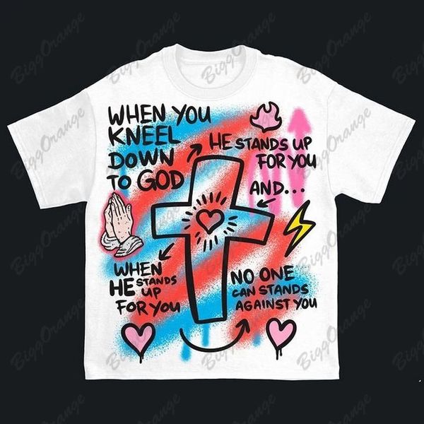 Womens TShirt Kawaii Hand drawn graffiti print ins style vêtements lâche surdimensionné Tshirt mode cool coton couple mince manches courtes été 230620