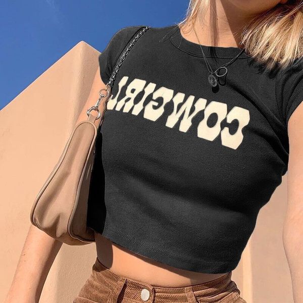 TShirt Femme ONeck Crop Top Summer Fashion COWGIRL Imprimer Casual T Shirts Basic Sexy Streetwear Marron À Manches Courtes Pique-Nique ins 230519