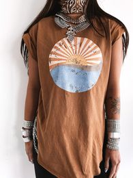 Camiseta para mujer Protect Your Peace Print Camiseta para mujer 90S Vintage Side Slit Camiseta Harajuku Summer Drop Shoulder Coffee Top Ropa 230113