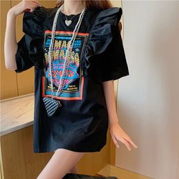 T-shirt Femme Été Coton Lâche 4XL Mignon Split Volants Vintage Lettre Imprimer T-shirts pour Femme Filles Kawaii Y2k Tops Harajuku Noir Blanc 230601