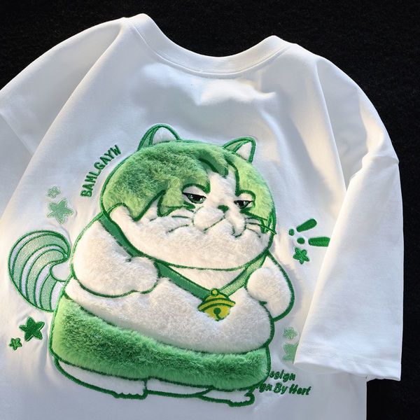 Womens TShirt Zomer Little Fat Cat Pluche Geborduurde Tops Tees Vrouwen Y2K Straat Retro Trend T-shirts Paar Losse Grote Maat 230620