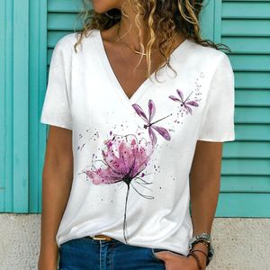Camiseta de mujer de verano de manga corta con cuello en V de gran tamaño para mujer camiseta blanca de moda para mujer camiseta con estampado de libélula 3d Top ropa informal 230503