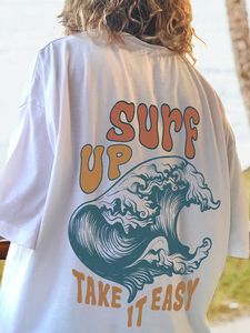 Dames T-shirt Surf Up Take It Easy Print Vrouwelijke T-shirts Persoonlijkheid Casual Korte mouw Ronde hals Allmath Tee Kleding Zachte Trend Tops 230421