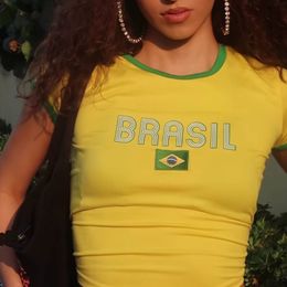 Dames T-shirt Y2k Brazilië Alfabet Print Retro Zomer Vrouwen Crop Top T-shirts Haruku Wear High Street O Hals T-shirt met korte mouwen 230613