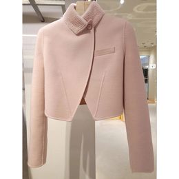 Coloque de la mujer Collar manga larga color rosa lana chaqueta asimétrica abrigo corto xssmlxl