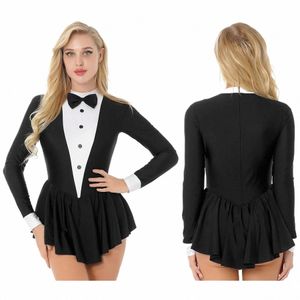 Costume de jeu de rôle de serveur de smoking pour femmes Bowknot Lg manches à volants Dr Ballroom Latin Dance Dr Modern Ballet Dancewear w75Z #