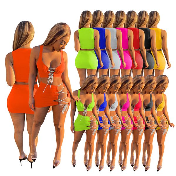 Femmes d'été en gros deux pièces robe mini jupe sexy débardeur + jupes costume moulant robes de soirée de soirée sport décontracté minirobe vêtements pour femmes klw0689