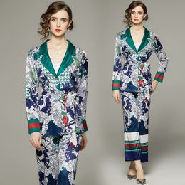 Femmes Deux Pièces Floral Home Wear Designer Pyjama Ensemble À Manches Longues Femmes Mode Vneck Bow À Lacets Hauts Et Pantalons À Jambes Larges Ensembles 2023 Printemps Automne Élégant Runway Cas Pk1f