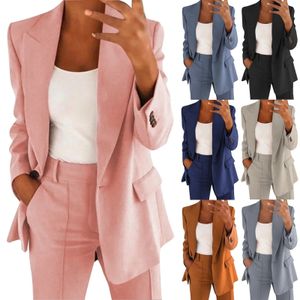 Femmes deux pièces revers costume ensemble bureau affaires à manches longues bouton formel veste pantalon mince Suite 240226