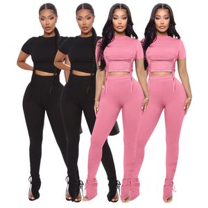 Dames Tweede stuk outfits Zomer 2 pc Pantset Zwart roze rib korte mouw Ruches Crop Top Slim Long Pant Casual Deskled