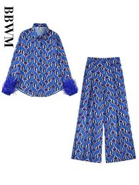 Womens tweedelige broek herfst sets print veer vintage shirt met lange mouwen en hoge taille wijde chique been broek mode pak 230720