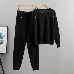 Pantalon de deux pièces pour femmes 2023 Automne élégant doux 2 pièces ensemble tricoté à manches longues Plovers Pull Casual Mode Femmes Tops et Drop D Otqdw