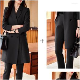Pantalons de femmes en deux pièces 2023 Automne Hiver Mid Longueur Suit Windbreaker Fashion Rose High End Feel Slim Style Professional Coat S-4XL DHQ3K
