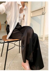 Dames Tweede stuk broek Zomer Silk Satin High Taille Casual Zwart Koreaans mode Wijd beenpak voor vrouwelijke broek oversized 230519