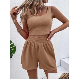 Pantalons pour femmes en deux pièces 2024 Y Shorts en tricot et morceaux de haut ensemble Femmes Summer Casual Tracksuit Short Camisole Camisole Suit Femme Drop Dhmdb