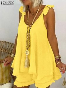 Tweedelige damesbroek 2 stuks Damessets Zanzea Zomer Boheems Kort Effen Katoen Homewear Outifits Sexy Mouwloze Tanks Tops Strand Bijpassend 230131