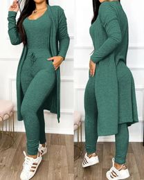 Womens Tweedelige Broek 2 Stuk Herfst Mode Uneck Mouwloze Bodysuit Casual Uitrijdbare Zak Lange Mouw Jas Set 231118