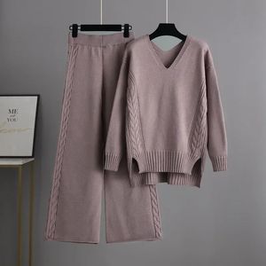 Pantalon deux pièces pour femmes, ensemble pull 2 pièces pour l'automne et l'hiver, robe chaude avec col en V, ample, unique, deux pièces, 231129