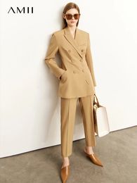 Dames tweedelige broek AMII minimalisme kledingsets dames herfst effen elegante stijlvolle blazer hoge taille kantoor dame rechte pijpen 12241001 231018