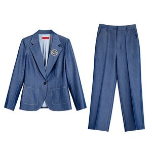 Femmes deux pièces pantalon automne deux pièces ensemble costume bleu élégant Jean Legging Blazer affaires manteau 2 ensembles femme pantalon costumes 231018