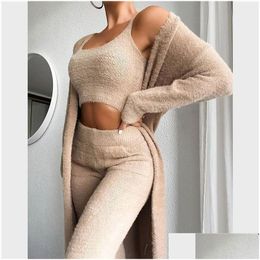 Femmes Deux Pièces Pantalons Automne Hiver Doux Fluffy Trois Ensembles Femmes Y Off Shoder Crop Tops Et Long Homesuit Casual Dames 3 Costume Drop D otwsd