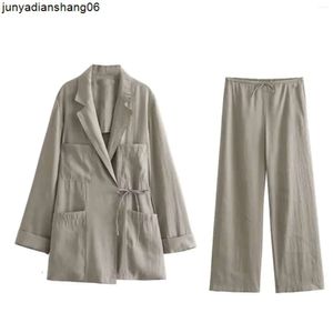 Dames tweedelige broek herfst dames minimalistische jas broek sets mode kantoor stropdas strik jas dames wijde pijpen lente pakken