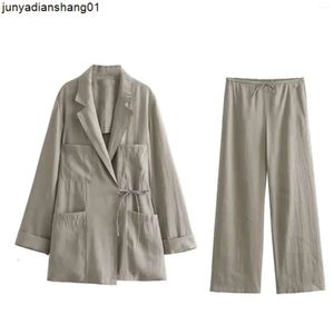 Dames tweedelige broek herfst dames minimalistische jas broek sets mode kantoor stropdas strik jas dames wijde pijpen lente pakken