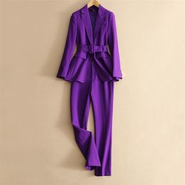 Dames tweedelige broek Autumn dames paarse eenvoudige blazer werkkantoor dames pak blazer jas modieus professioneel pak twope oce suit 220902
