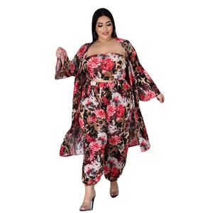 Pantalones de dos piezas para mujer, blusas, camisas, top de tubo para el pecho, camisa de manga larga, pantalones, traje de tres piezas ht2755, patrón con estampado de leopardo de flores, trajes de talla grande para primavera y verano