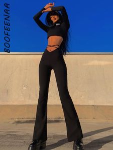 Dames tweedelige broek BOOFEENAA Cyber Y2k Flare E Girl Style Sexy Strechy Trouser Lace Up V Waist Low Rise Harajuku Black C85BB28 230519