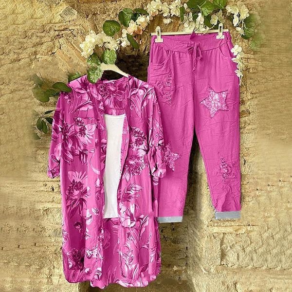 Femmes Deux Pièces Pantalon Bouton Chemise Rose Hauts Costume Vintage Boho Femmes Ensemble Faux Lin Ethnique Floral Tunique À Manches Courtes Assorti 230803