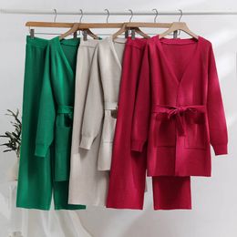 Calças femininas de duas peças casual outono e inverno conjunto cardigan calças de perna larga estilo coreano 231129