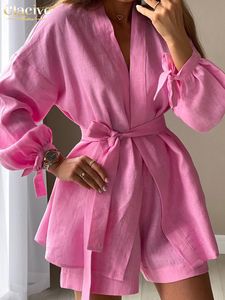 Dames tweedelige broek Clacive herfst kantup gewaden tops stukken set casual losse high wiast shorts elegant roze huispak met 230227