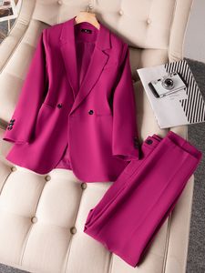 Dames Tweede stuk broek Koffie Pink Black Women Pant Suit Office Ladies 2 Set vrouwelijke zakelijke werkkleding enkele knop rechte blazer en broek 230207