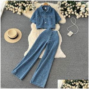 Dames Tweede stuk broek Denim Pak Vrouwelijke mode Korte revers Top Retro Casual High Taille Wide Leg broek Set Vintage Slim Jeans Outf Dh98X