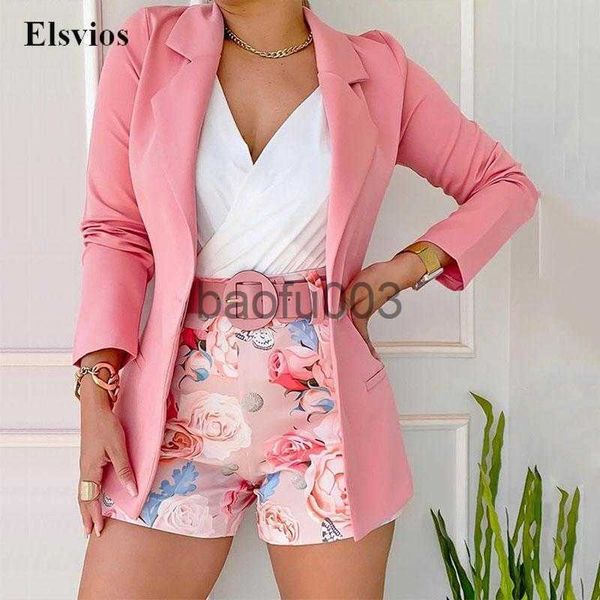 Femmes Deux Pièces Pantalon Dôme Caméras Mode Femmes À Manches Longues Blazer Tenues Casual Office Lady Manteau Tops Et Short Imprimé Floral Ensemble Élégant Printemps Summe J230713