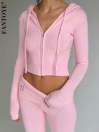 Dames Tweede stuk broek Fantoye gebreide hapsed tracksuit dames tweedelige set lange mouw rits trui flare pant suit vrouwelijke veer solide casual pant set 230201