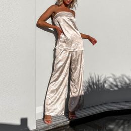 Dames Tweede stuk broek Fashion Lady Pyjamas Outfit Simple Abstract Line Casual Strapless beha set Women Silk Satin Comfortabele pak Huiskleding 230821