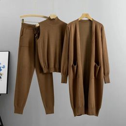 Pantalones de dos piezas para mujer, suéter de moda, traje de pista de 3 piezas, cárdigan largo de otoño, camiseta sin mangas con cuello medio, conjunto de punto 231118