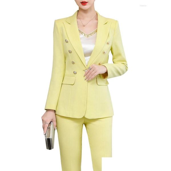 Pantalon de deux pièces pour femmes Mode Jaune Violet Pantalon Costume Dames Vêtements de travail Veste formelle et pantalon Femme Business Blazer 2 Set Drop de Dhfht